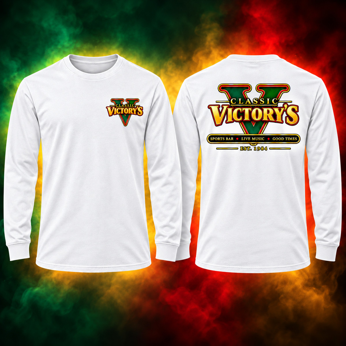 Classic Victory’s white long shirt, simplified left chest logo and full back logo