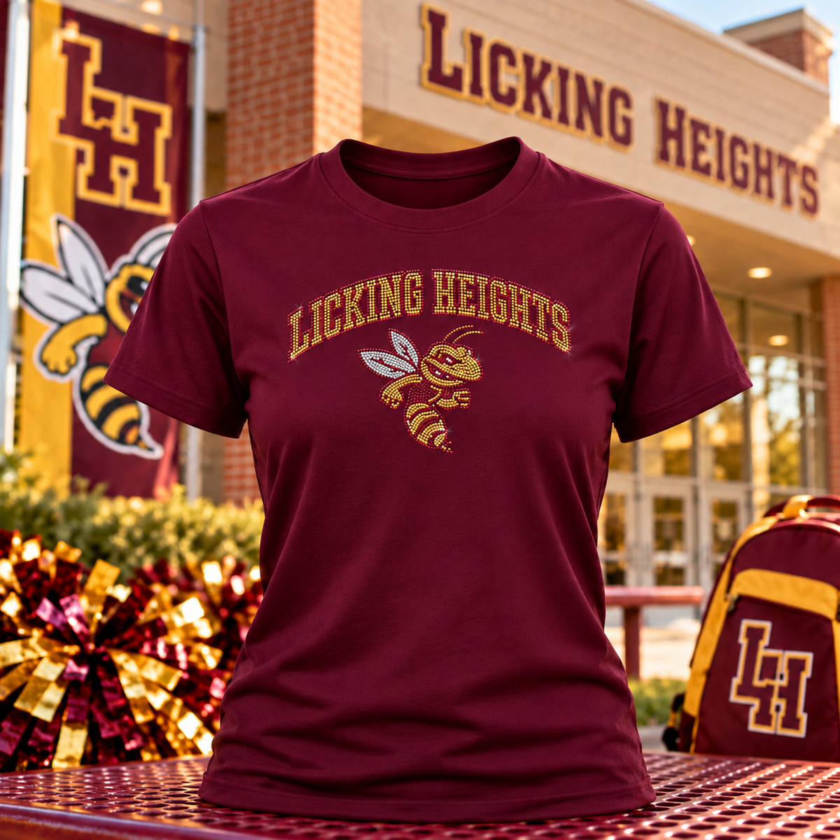 Maroon Licking Heights rhinestone Hornet Pride tee