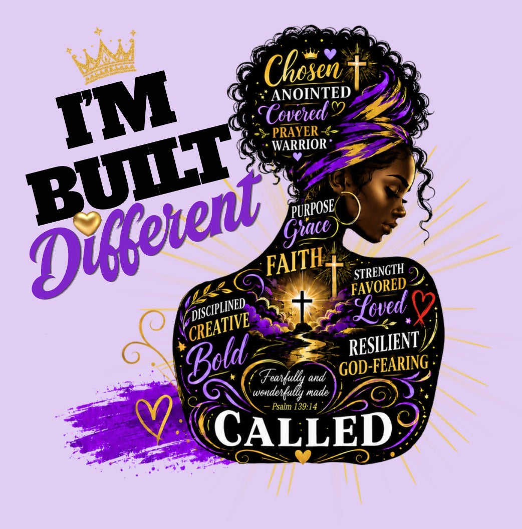 A graphic design featuring a Black woman in profile with a purple and gold headwrap, set against a lavender background. The design includes the text 'I'M BUILT Different' in black and purple, a gold crown, and various inspirational words like 'Called', 'Faith', 'Bold', and 'Covered' styled as typography over a black silhouette.