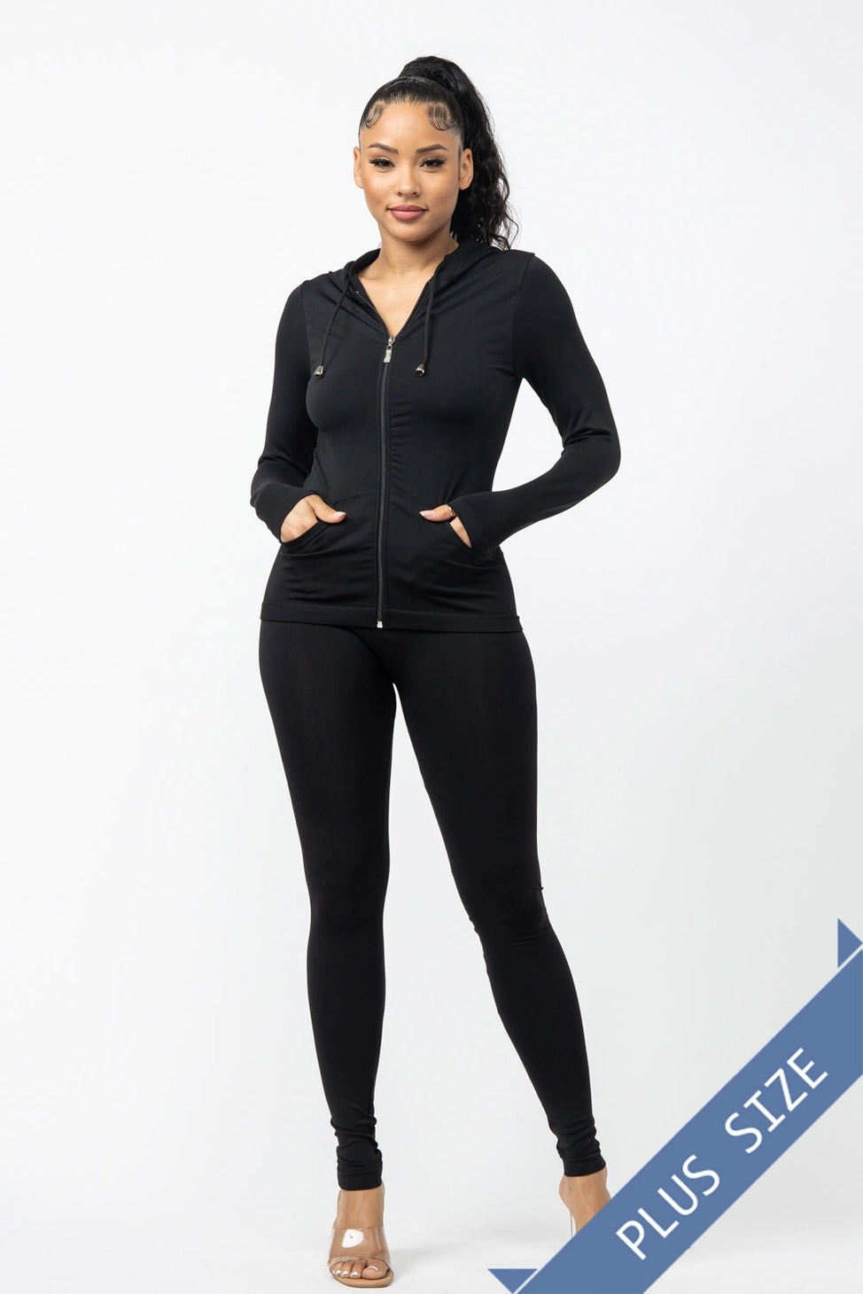 Plus Size Seamless Zip Up Hoodie Jacket and Leggings