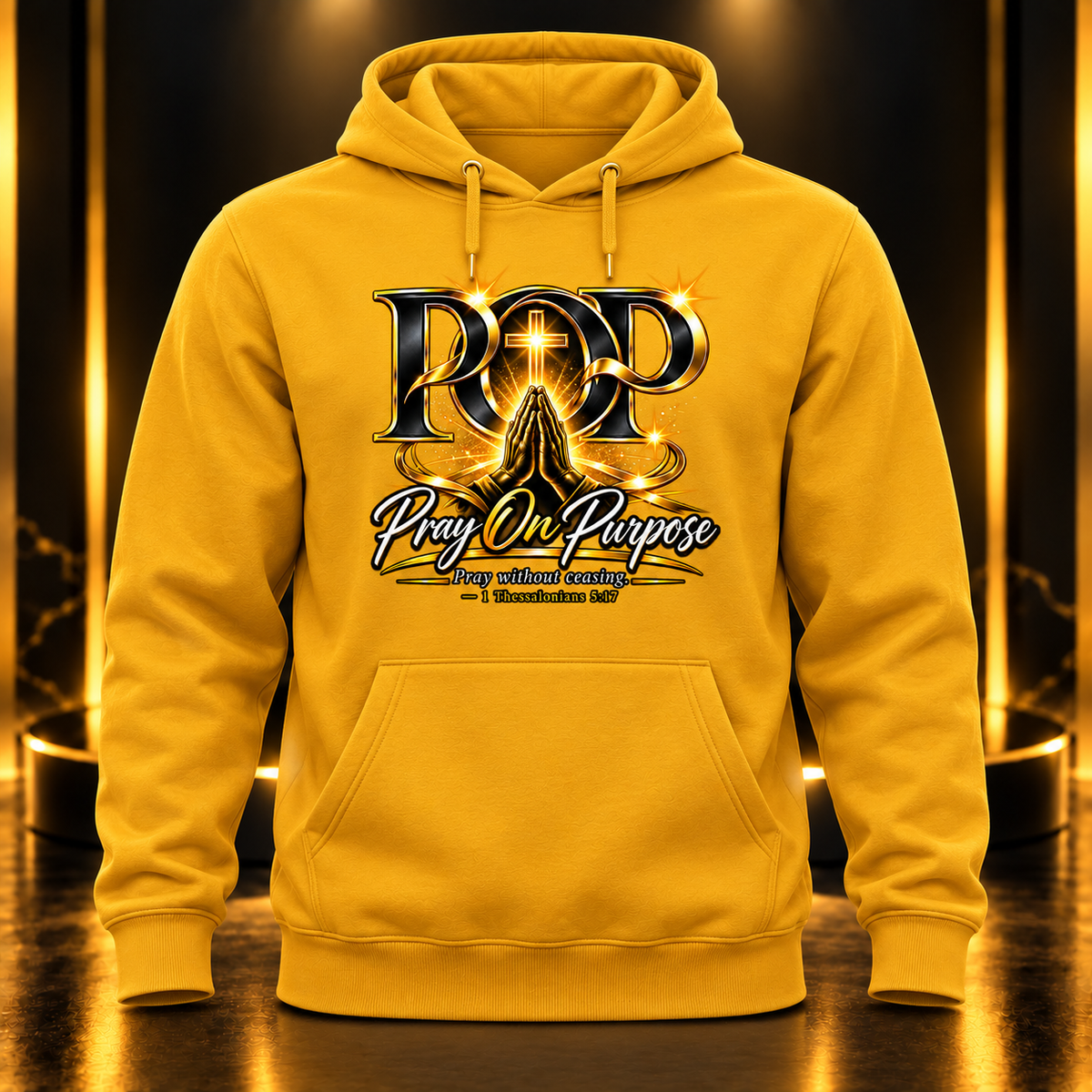 Pray On Purpose Cross & Prayer Vinyl Gold Hoodie