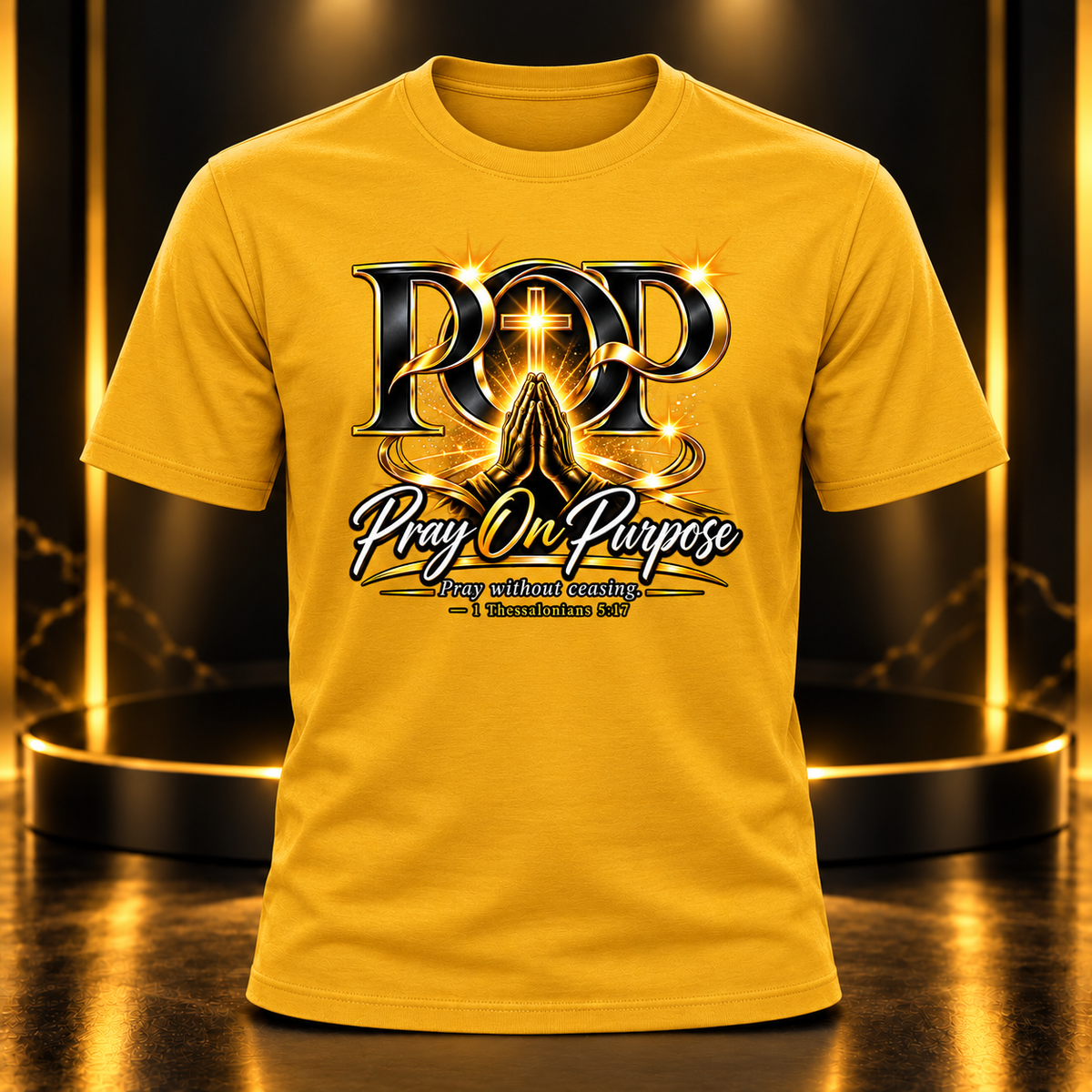 Pray On Purpose Cross & Prayer Vinyl Gold T-Shirt