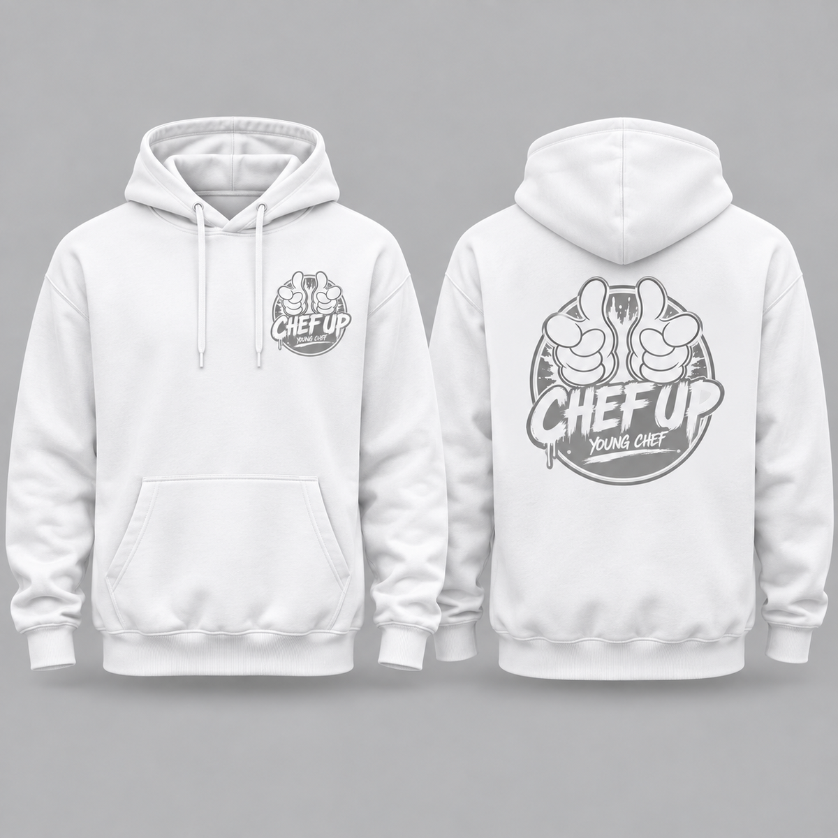Chef Up hoodie white front and back