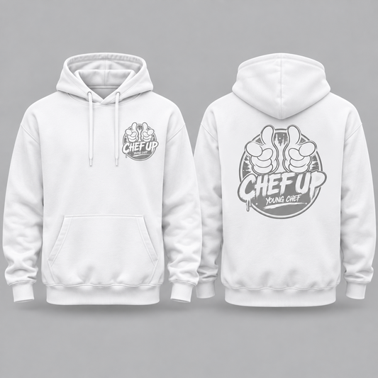 Chef Up hoodie white front and back
