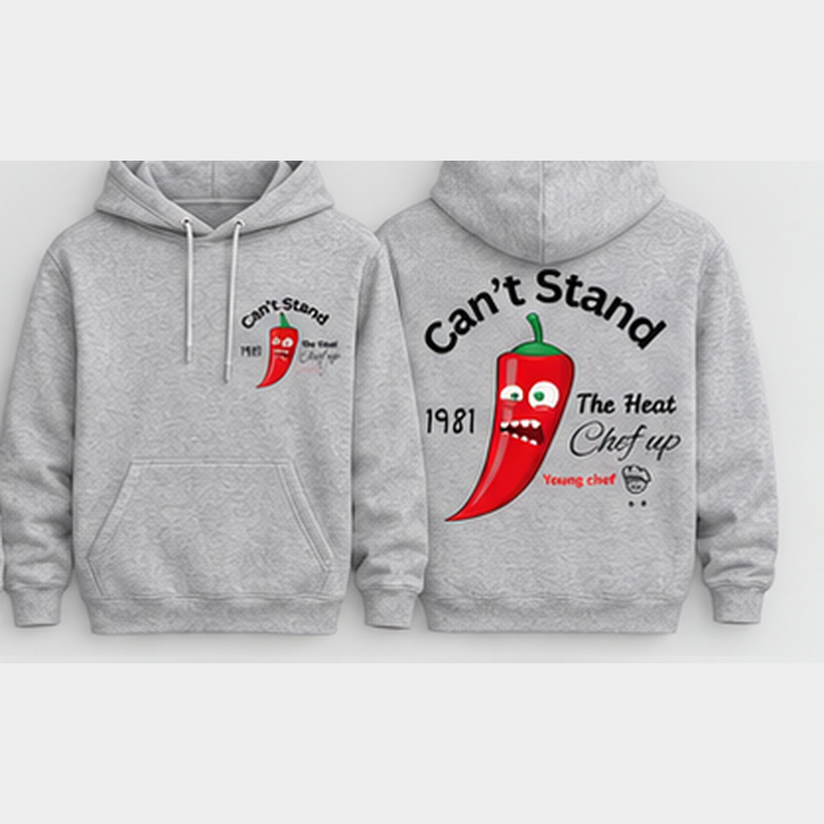 Can't Stand the Heat chili hoodie heather grey front and back