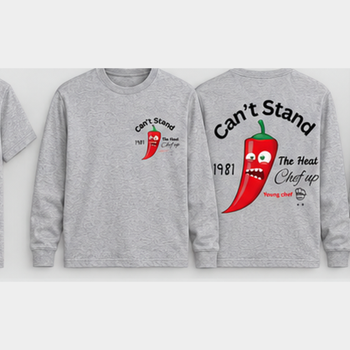 Can't Stand the Heat chili long sleeve heather grey front and back