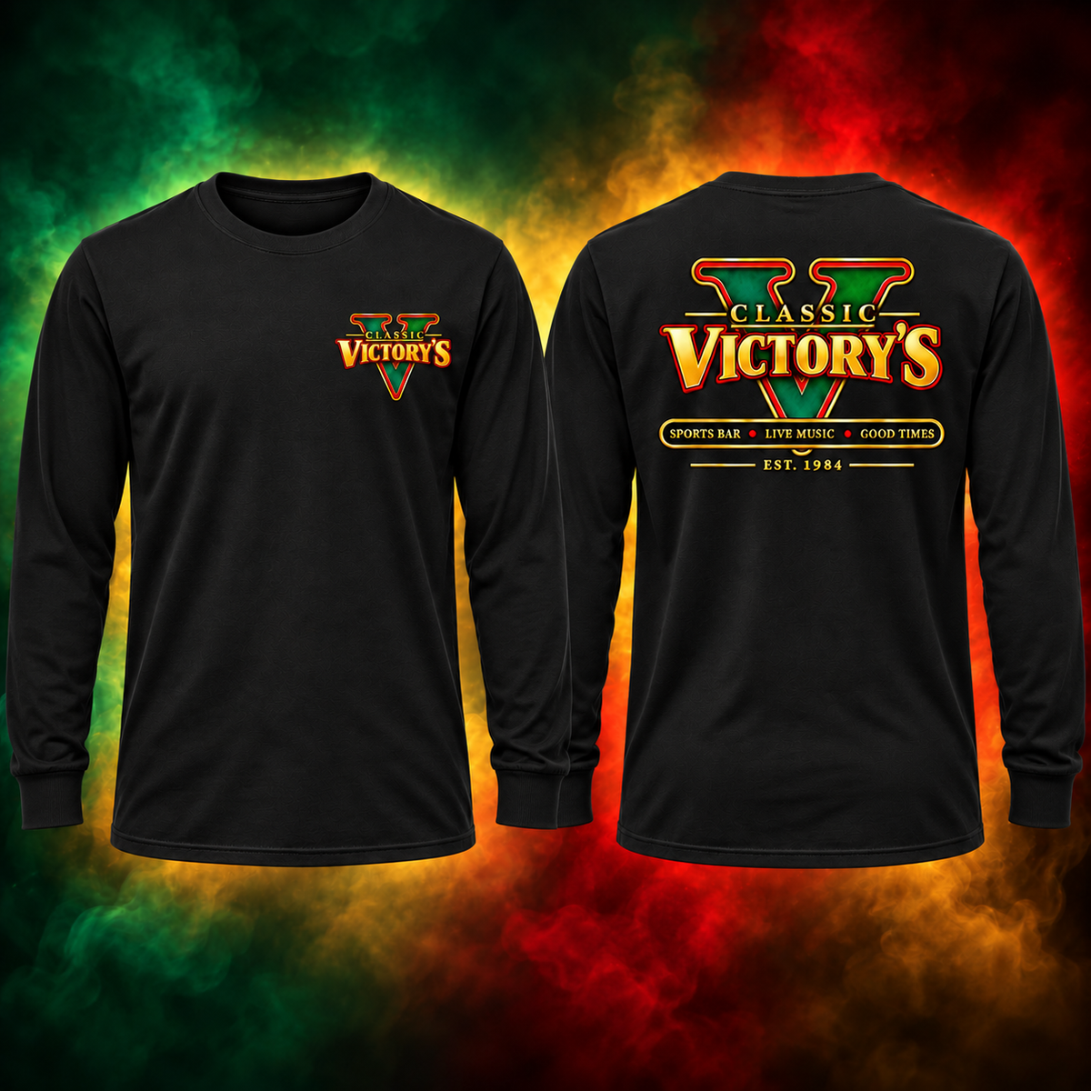 Classic Victory’s black long shirt, simplified left chest logo and full back logo