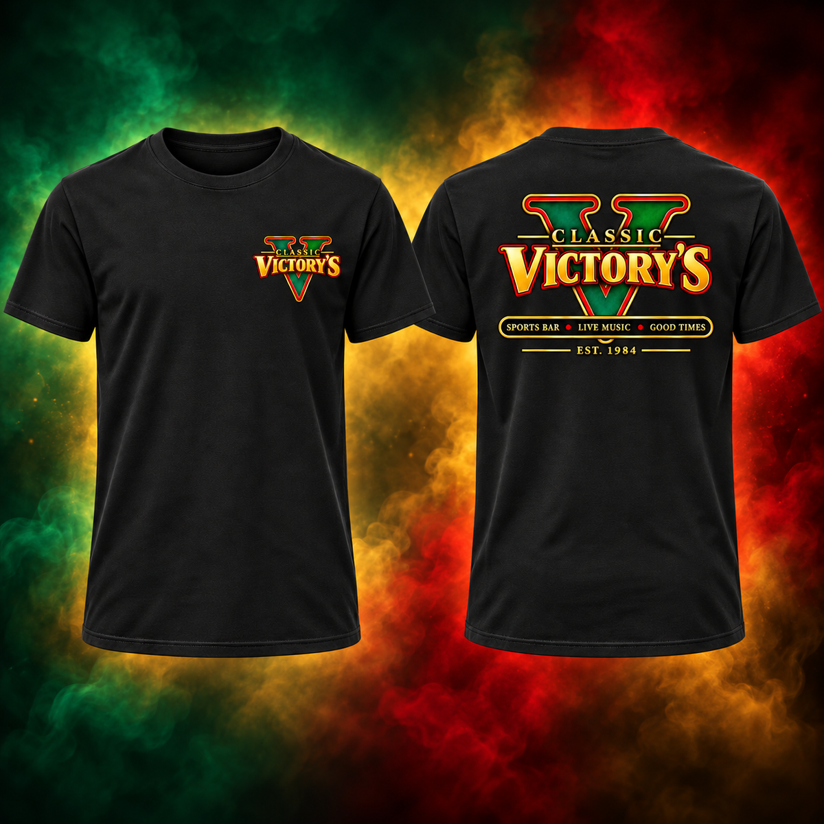 Classic Victory’s black short shirt, simplified left chest logo and full back logo