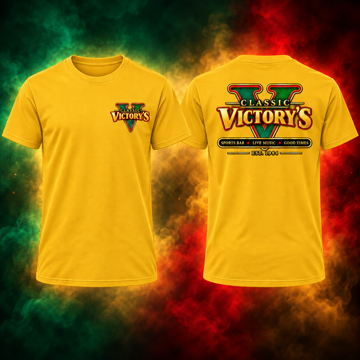 Classic Victory’s gold short shirt, simplified left chest logo and full back logo