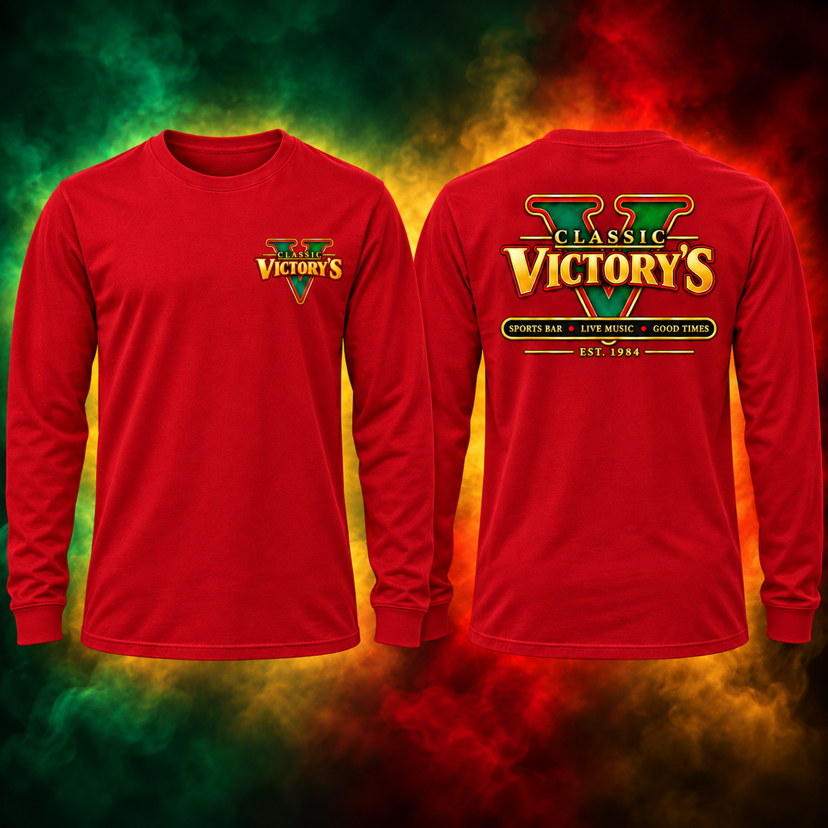 Classic Victory’s red long shirt, simplified left chest logo and full back logo