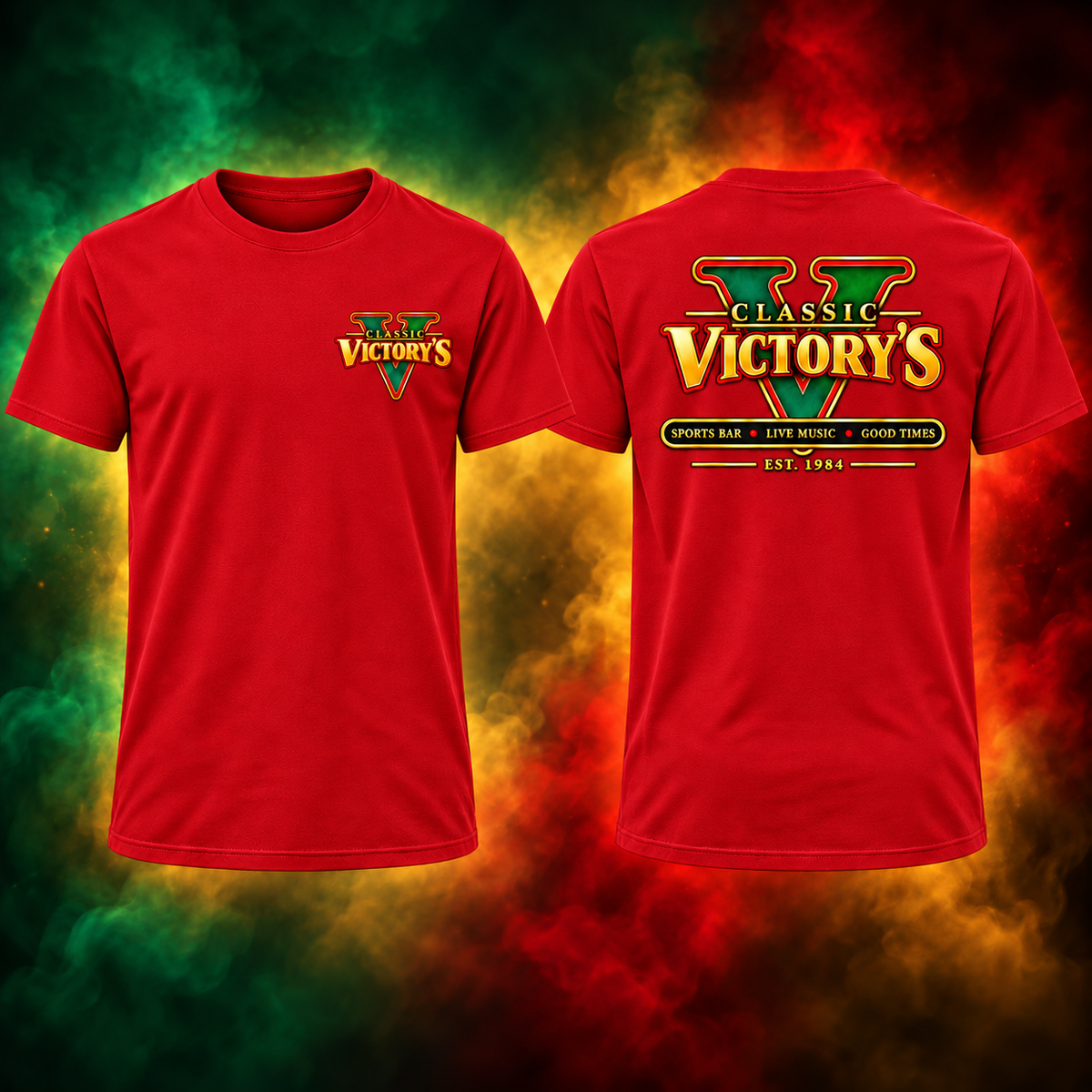 Classic Victory’s red short shirt, simplified left chest logo and full back logo