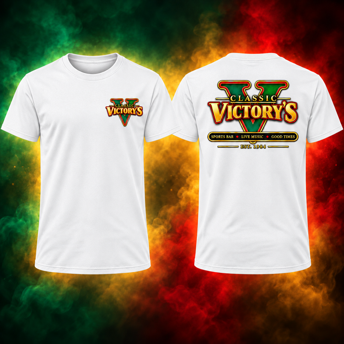 Classic Victory’s white short shirt, simplified left chest logo and full back logo