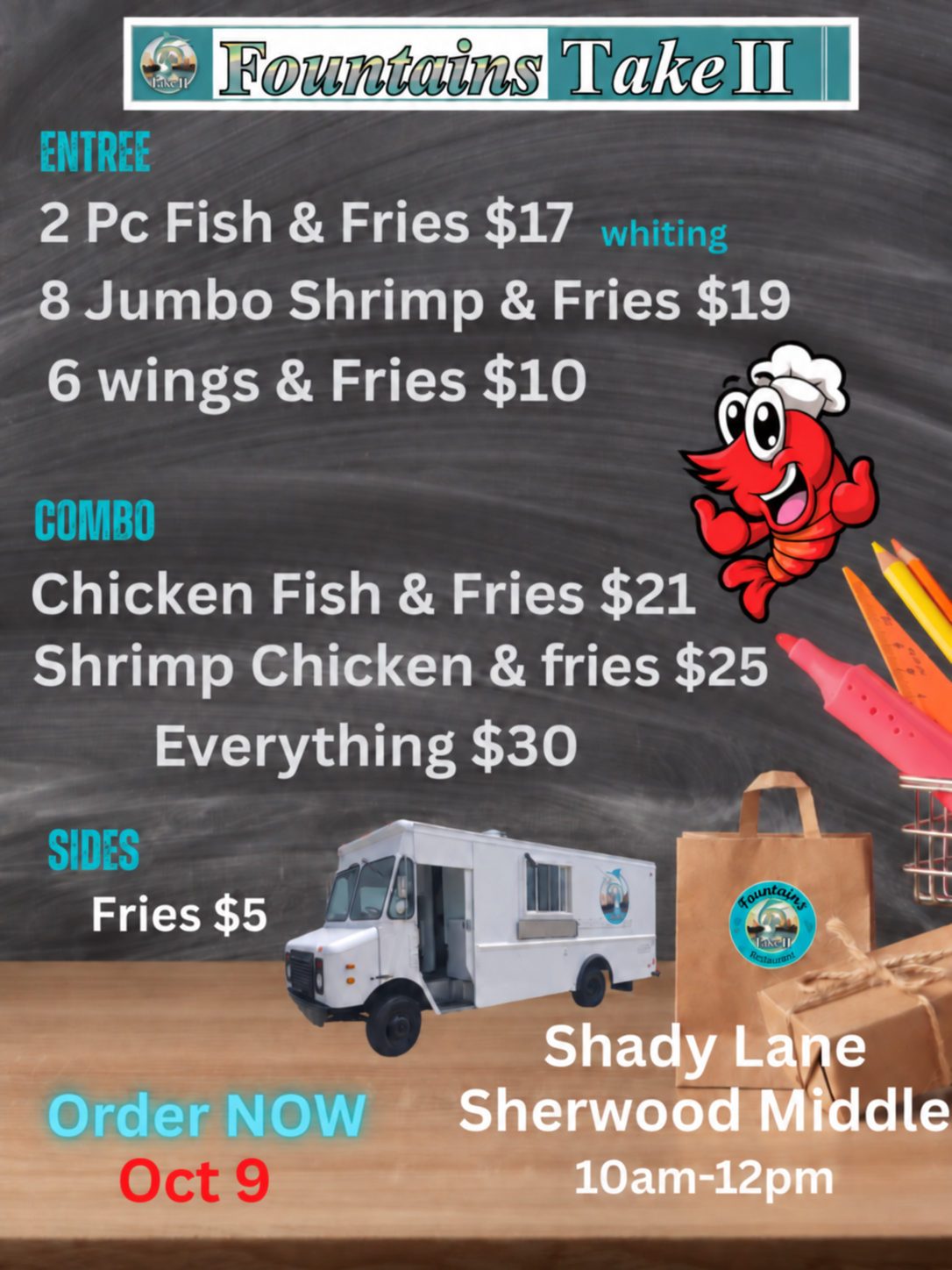 Fountains Take II food truck menu for October 9