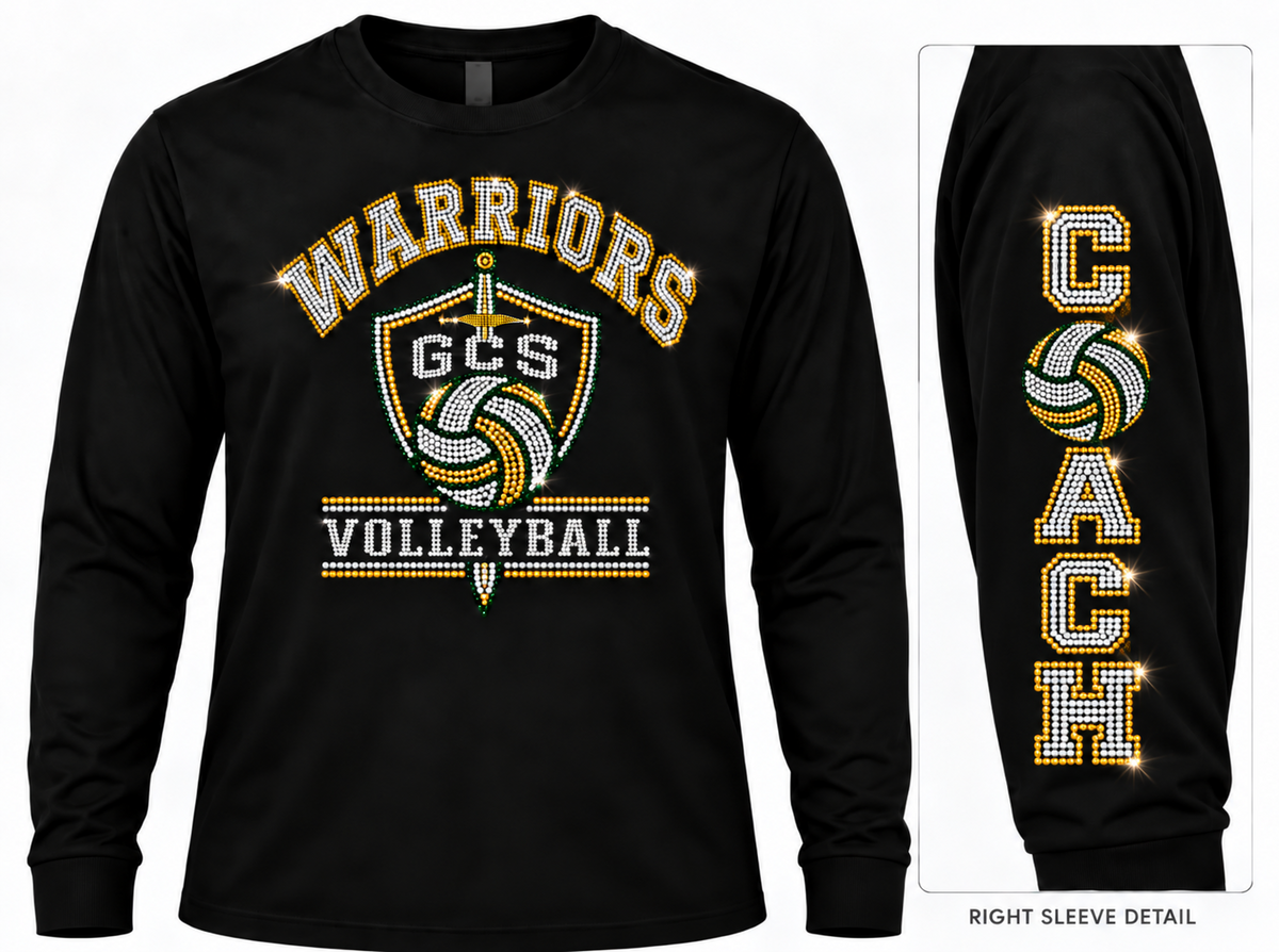 GCS Volleyball rhinestone black long sleeve, COACH sleeve with volleyball; right sleeve detail
