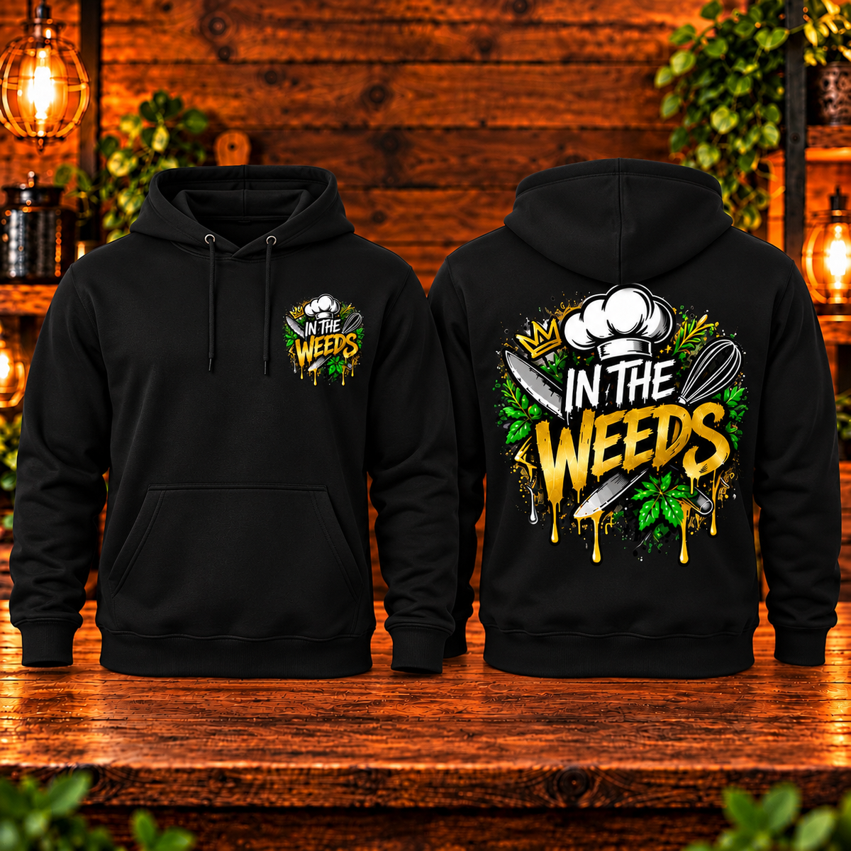 In the Weeds hoodie black front and back