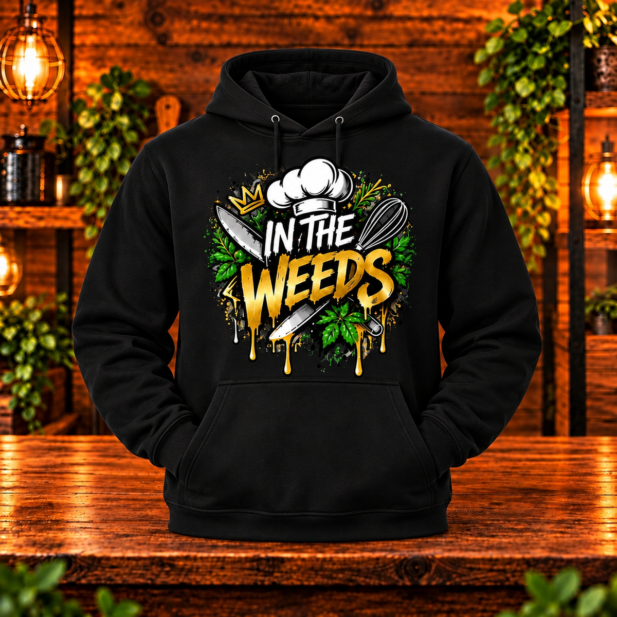 In the Weeds hoodie black front only
