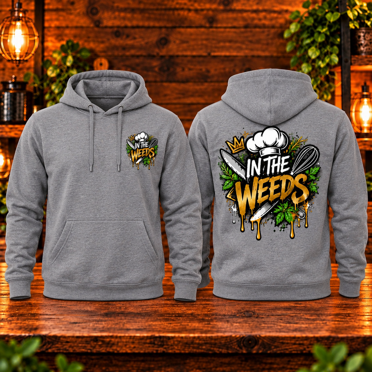 In the Weeds hoodie gray front and back