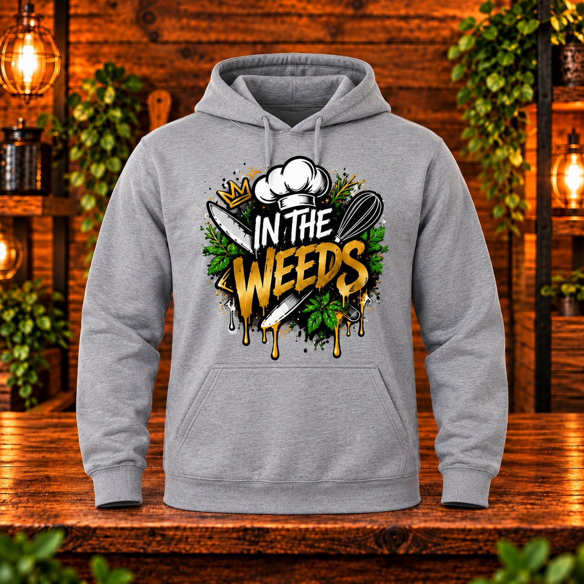 In the Weeds hoodie gray front only