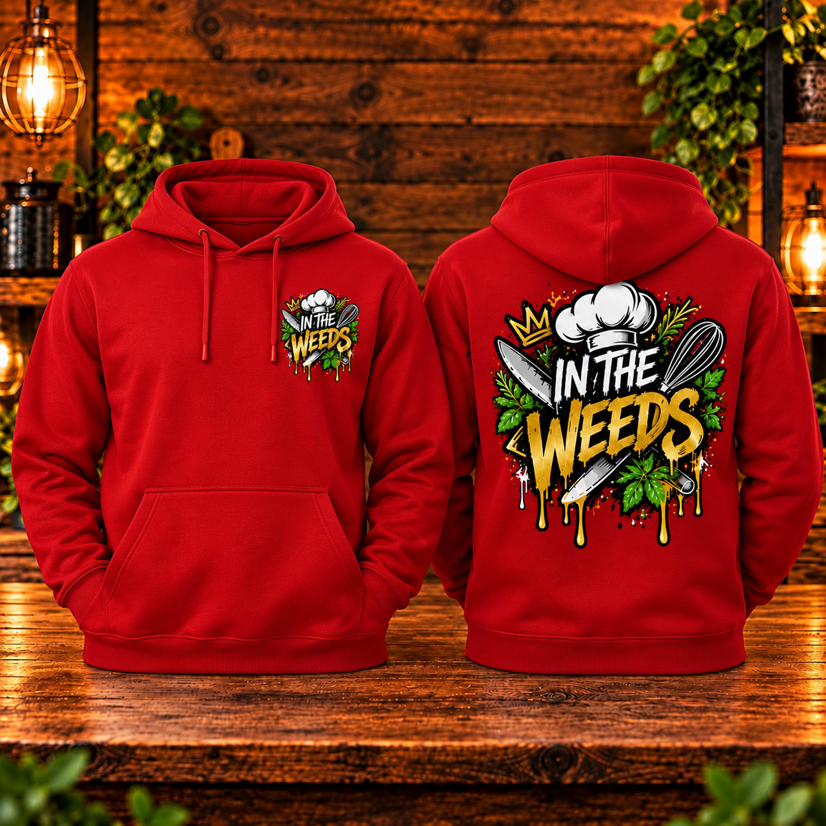 In the Weeds hoodie red front and back