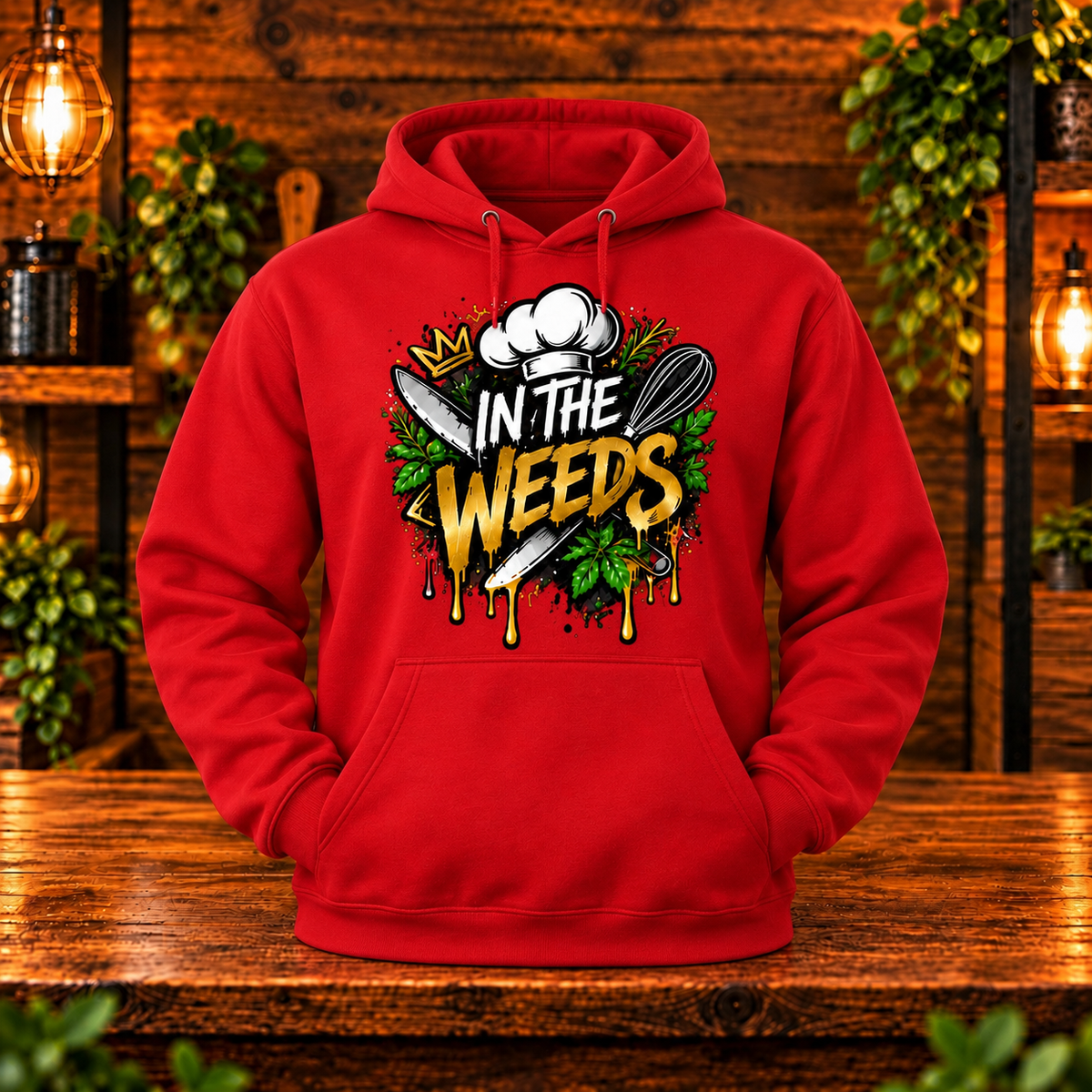 In the Weeds hoodie red front only