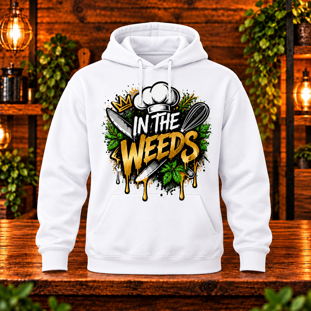 In the Weeds hoodie white front only