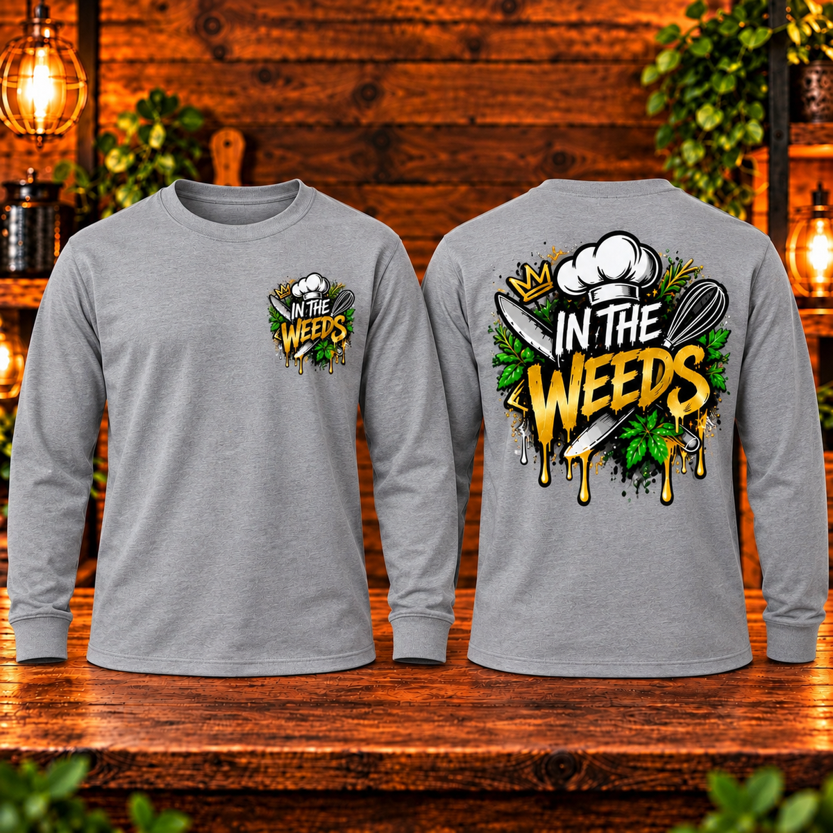 In the Weeds long sleeve gray front and back