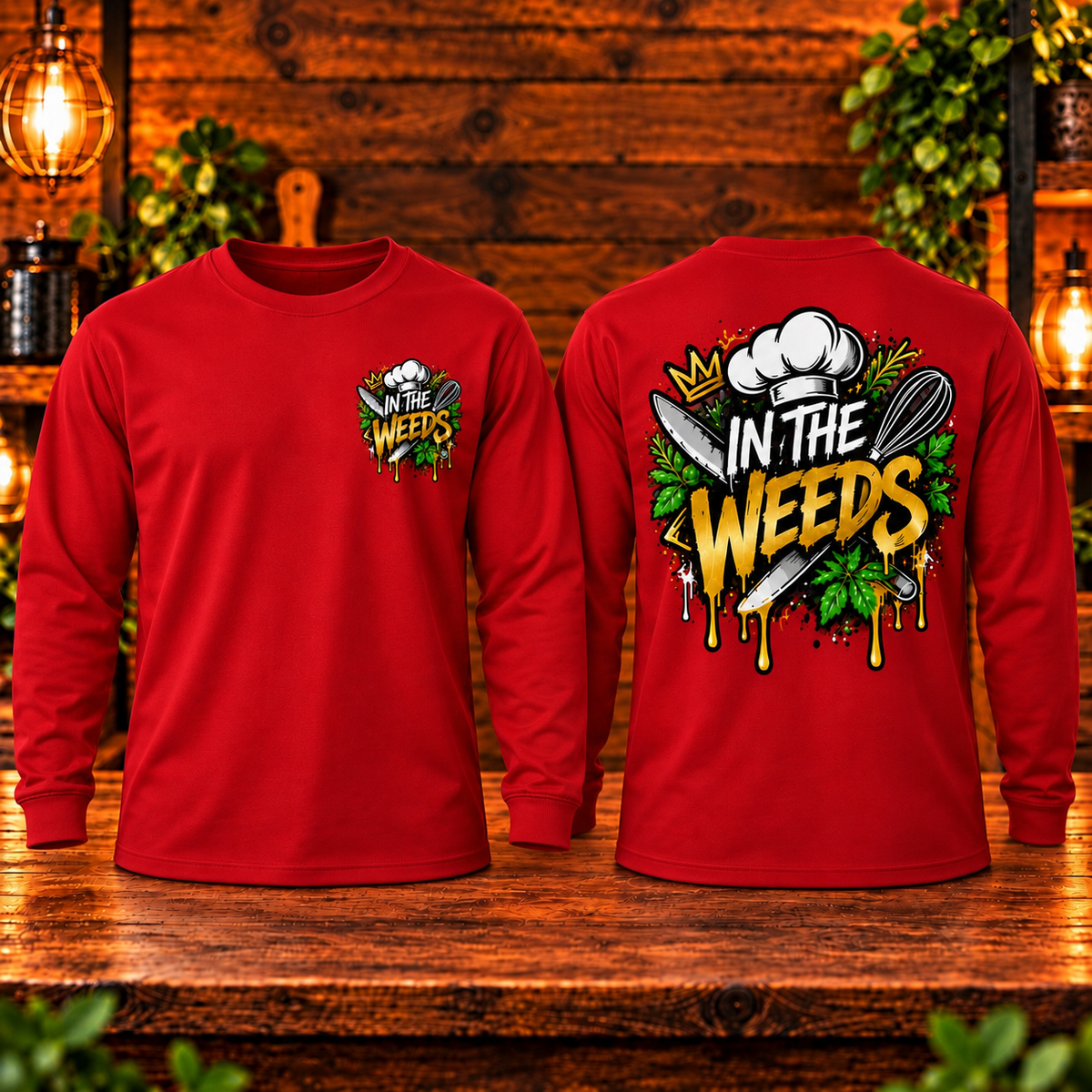 In the Weeds long sleeve red front and back