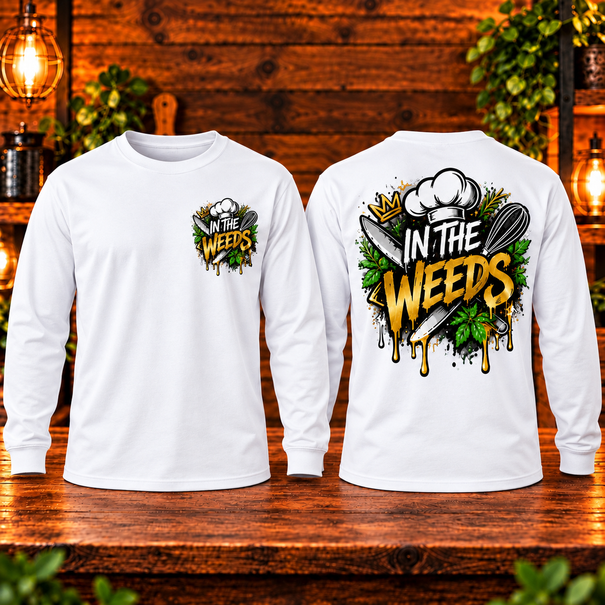 In the Weeds long sleeve white front and back