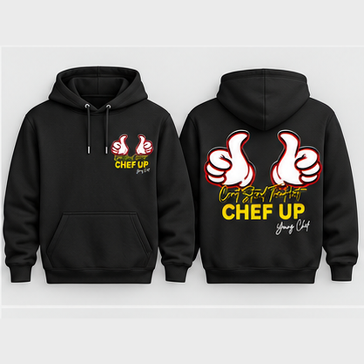 Can't Stand the Heat thumbs hoodie black front and back