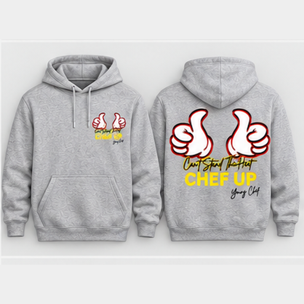 Can't Stand the Heat thumbs hoodie heather grey front and back