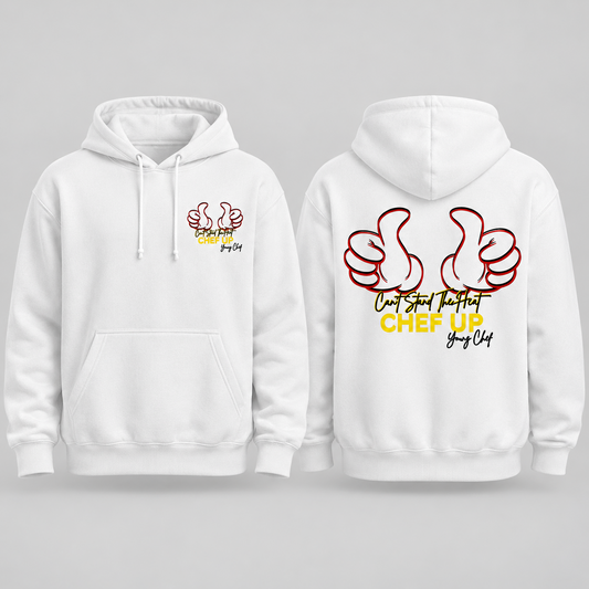 Can't Stand the Heat thumbs hoodie white front and back