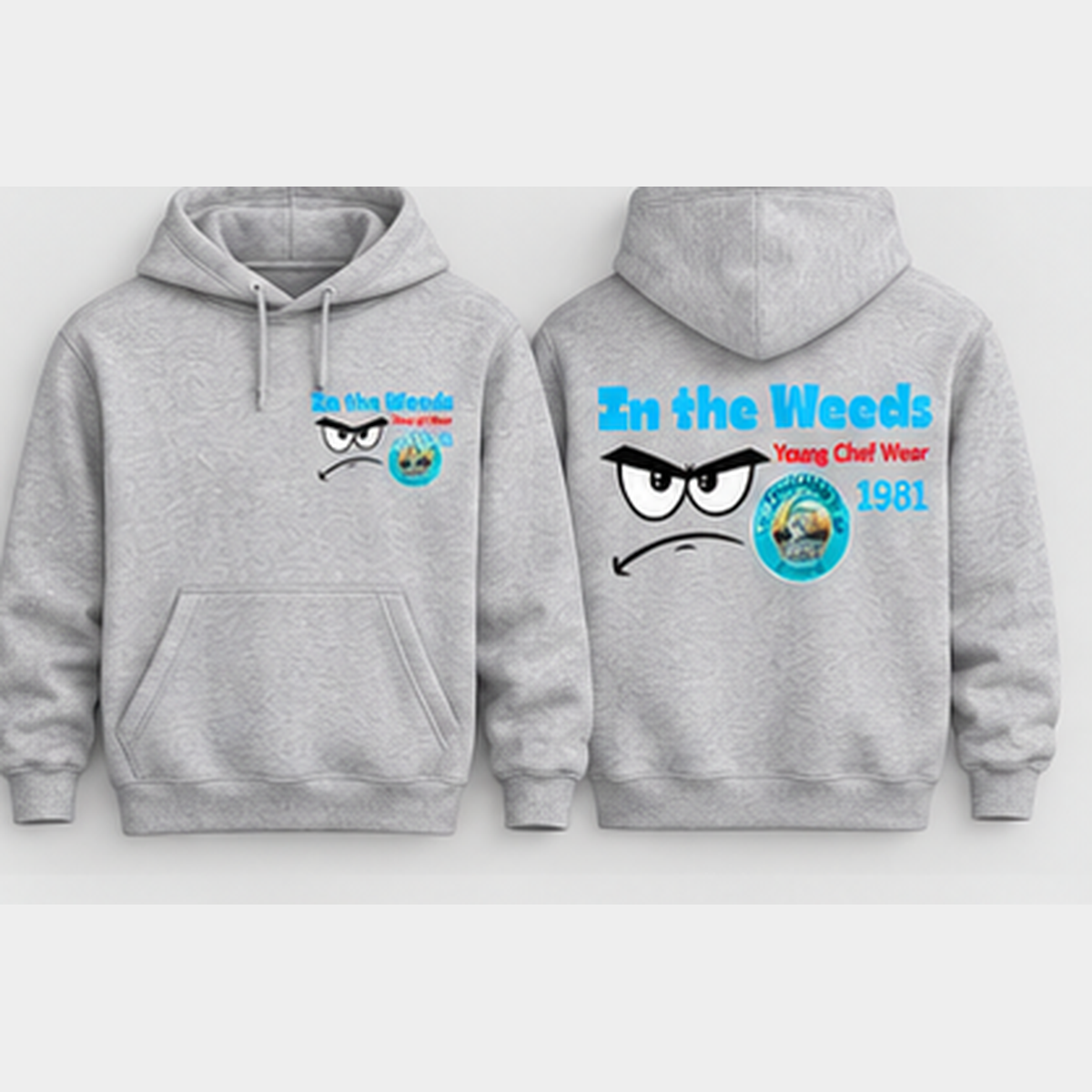 In the Weeds hoodie heather grey front and back